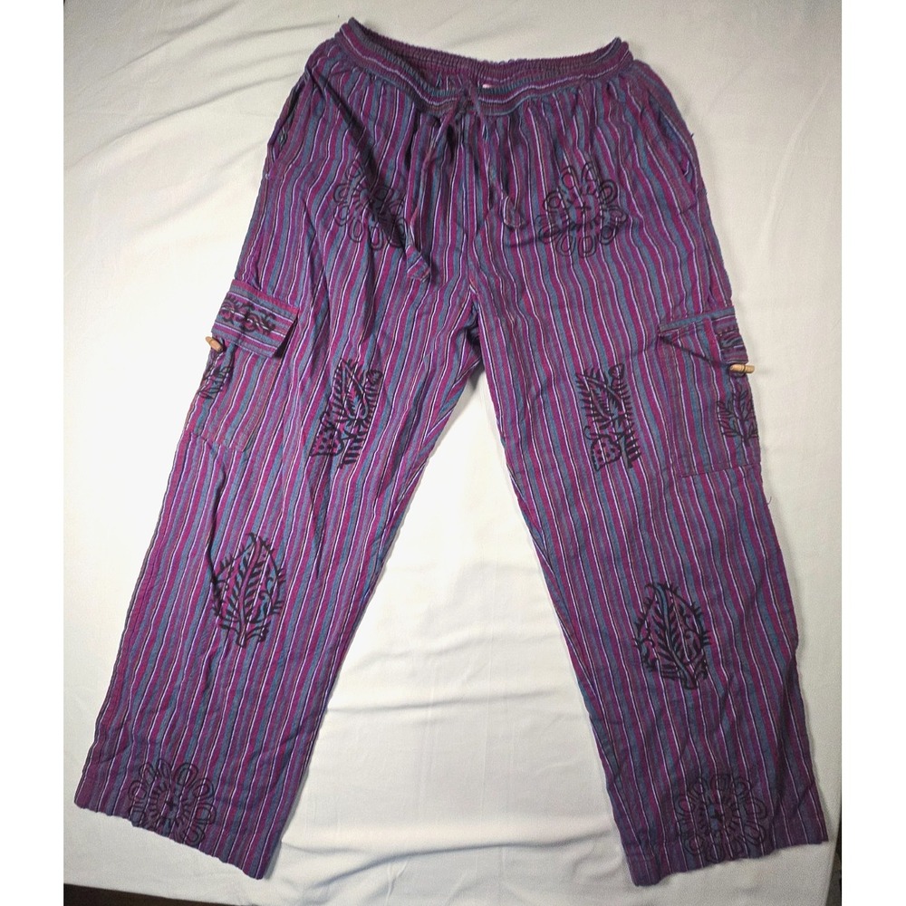 Nepal Cotton Hippie Boho Festival Cargo Pants Size Large Purple Striped Artsy